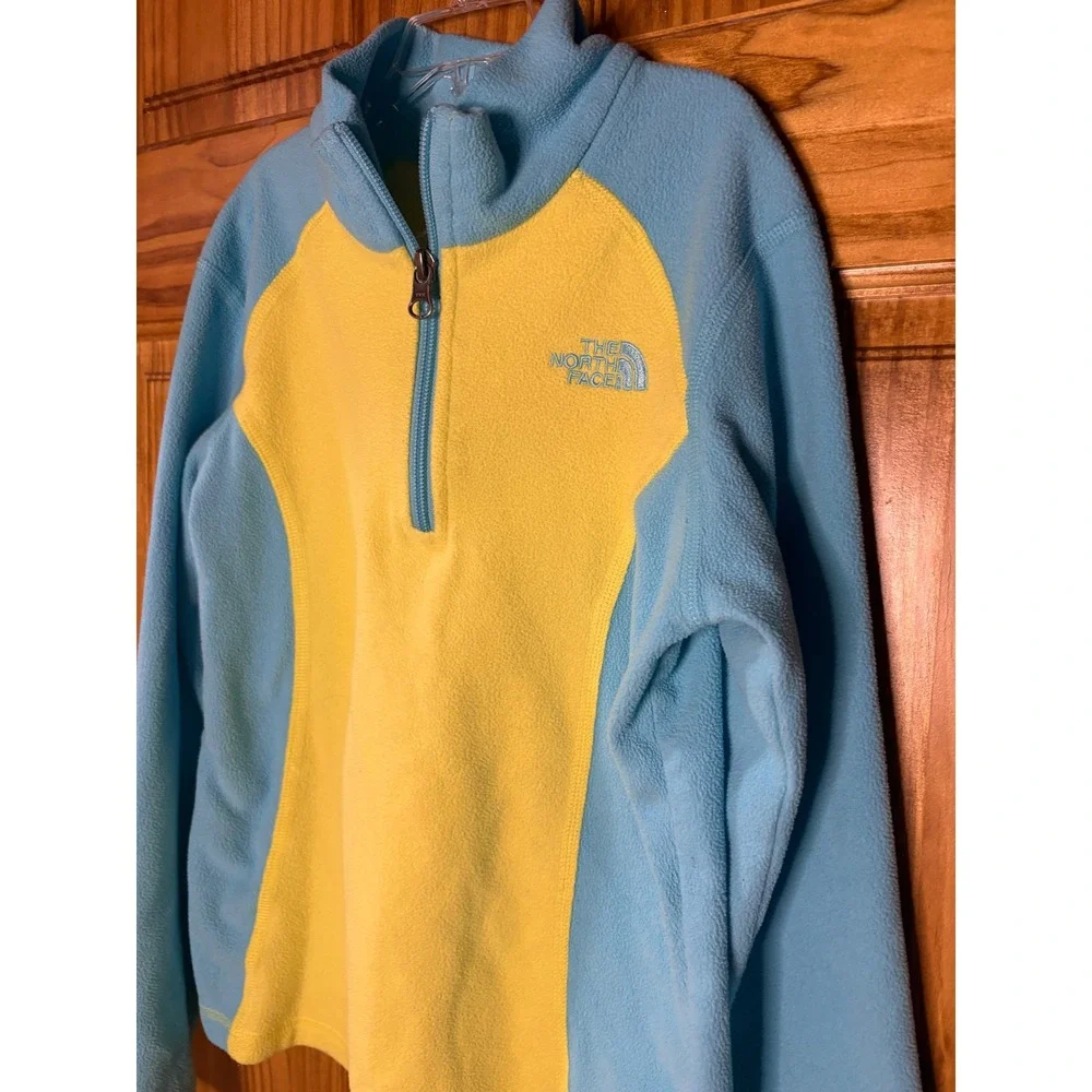 The North Face Girls Blue Yellow TKA 100 Fleece 1/4 Zip Pullover Size S 7/8